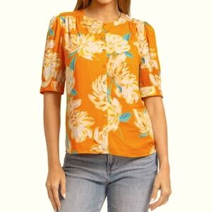 Daniel Rainn Women's Floral Orange Puff Sleeve Blouse, Size MED